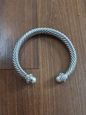 Silver-Tone Twisted Cable Cuff Bracelet with Pearl End Caps